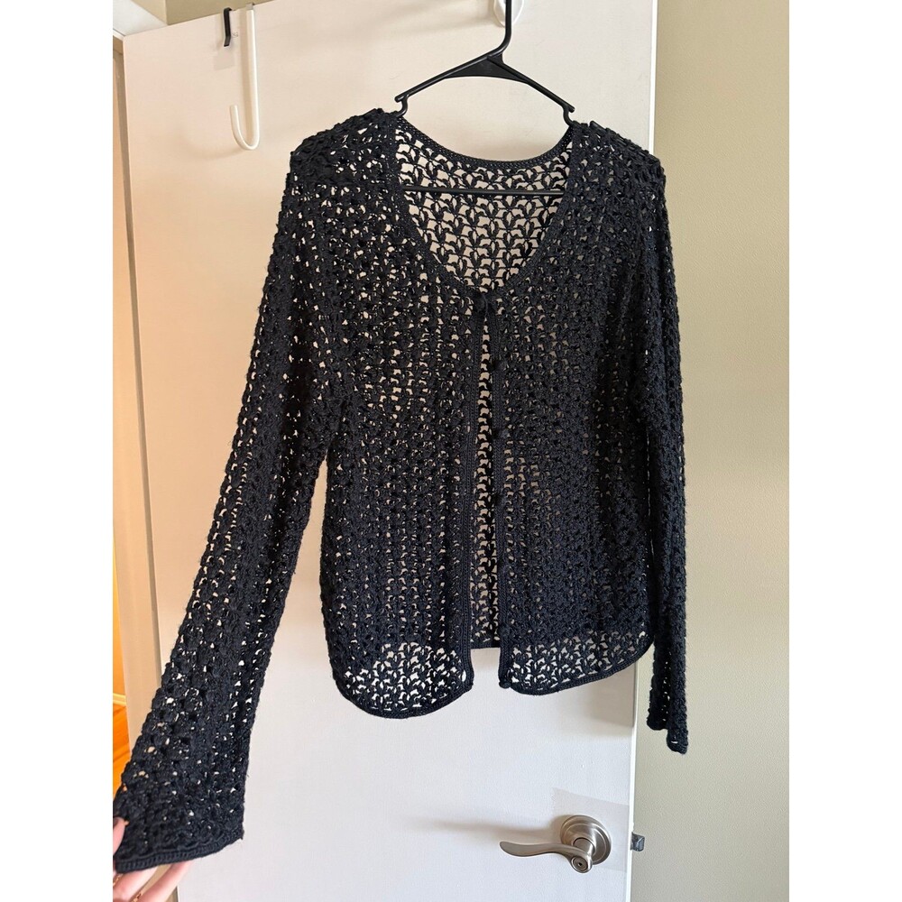 Black Open Knit Crochet Cardigan Sweater Long Sleeve Unbranded Boho